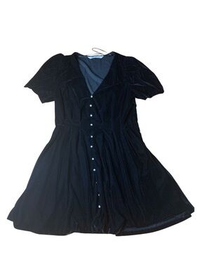 ZARA Black Velvet Mini Dress Crystal Rhinestone Button Puff Sleeve M